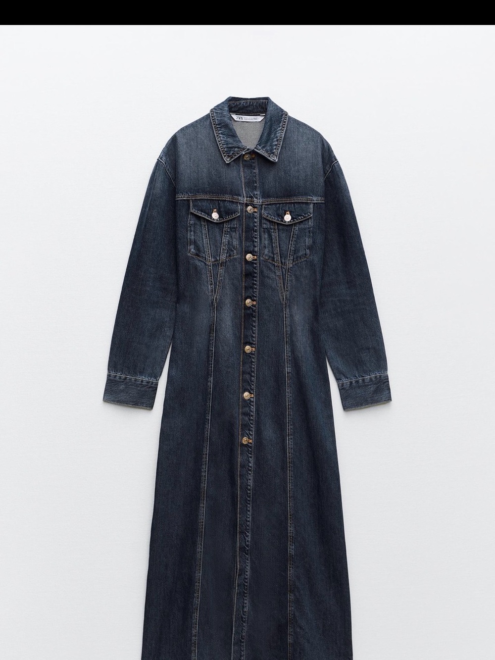 Zara Dark Blue Long-Sleeve Denim Maxi Dress